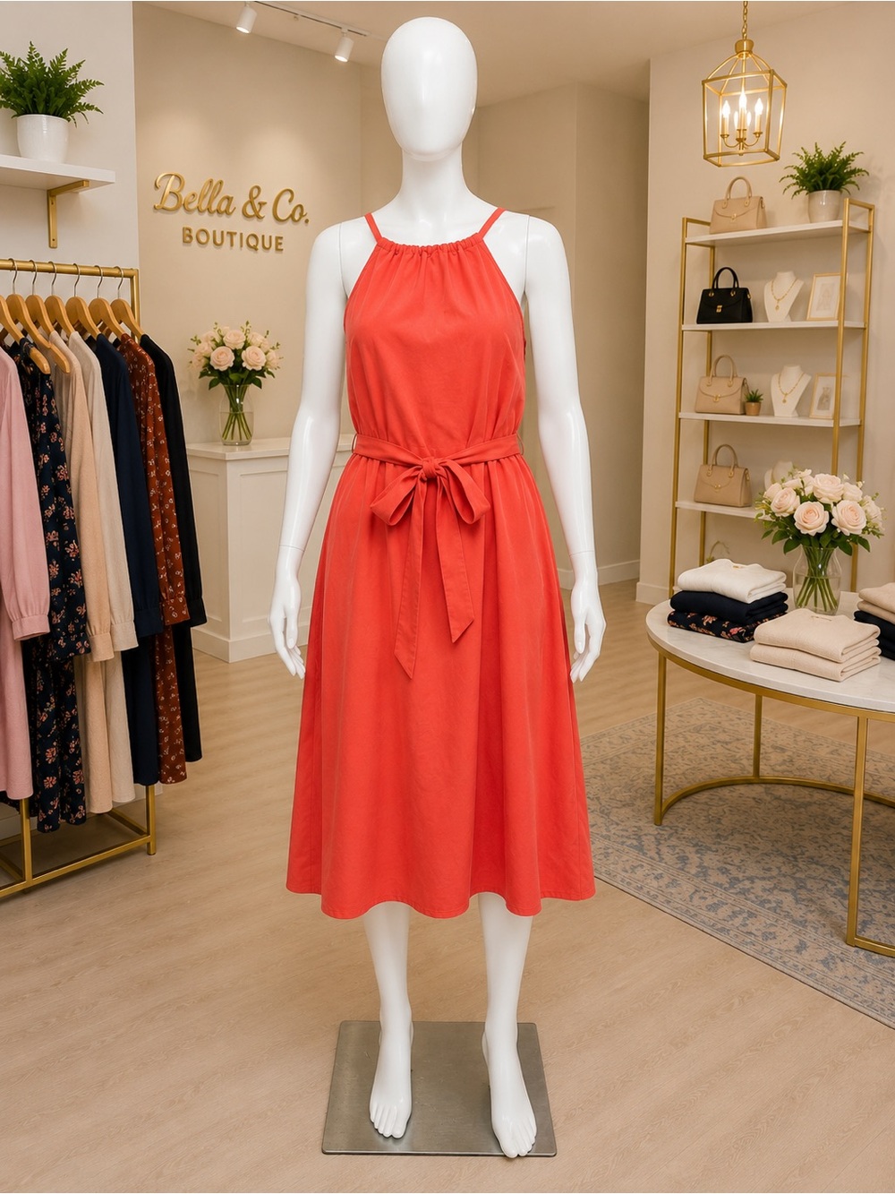 GAP Coral Halter Midi Dress with Tie Waist and Pockets